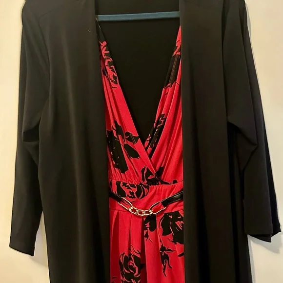 Jaclyn Smith Collection XL Red Black Floral Faux Wrap Dress Overlay Cardigan - Picture 6 of 16